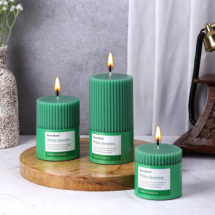 Ribbed Pillar Candle (Pack of 3) - White Jasmine