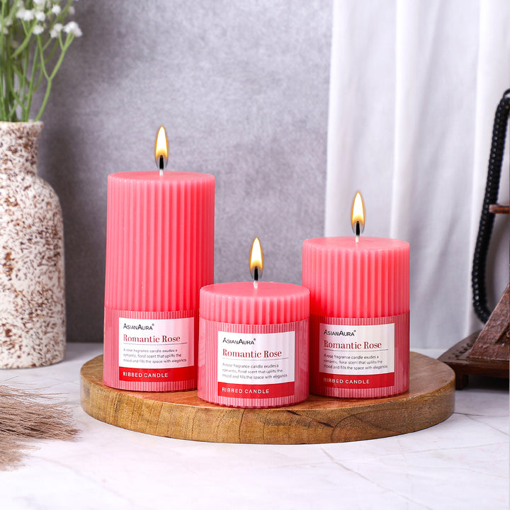 Ribbed Pillar Candle (Pack of 3) - Romantic Rose
