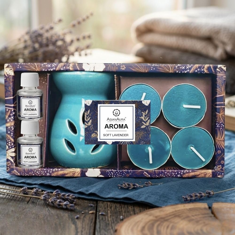 Asian Aura Aroma Gift Set with Ceramic Oil Diffuser, 2 Aroma Oils & 4 T-Light Candles | Aromatherapy Home Fragrance for Spa, Bedroom & Office | Diwali & Occasion Gifts (Soft Lavender)