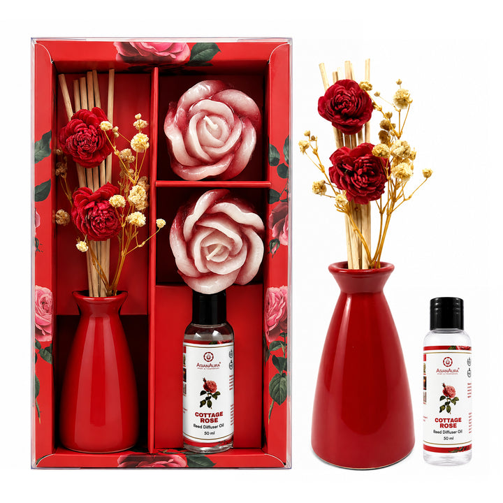 Asian Aura Premium Rose Reed Diffuser with Rose Floating Candles for Home | Long-Lasting Room Freshener & Home Fragrance | Decorative Aroma Diffuser | Home Decor Gift Set | Diwali Gift