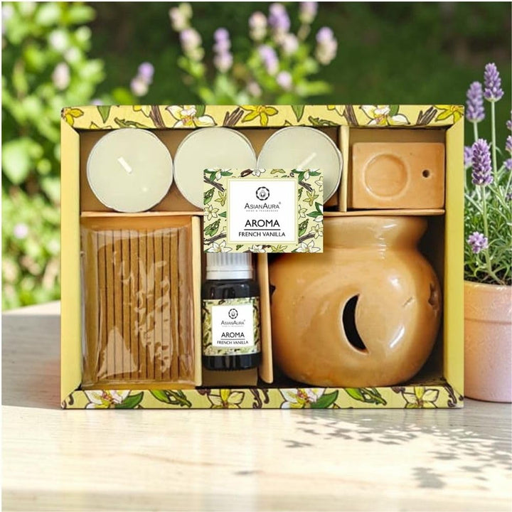 Asian Aura Aroma Gift Set- Ceramic Oil Diffuser, 10ml Aroma Oil, 3 Tealight Candles, Incense Sticks & Holder |for Home, Spa, Bedroom & Office | Diwali, Housewarming & Festive Gifts (French Vanilla)