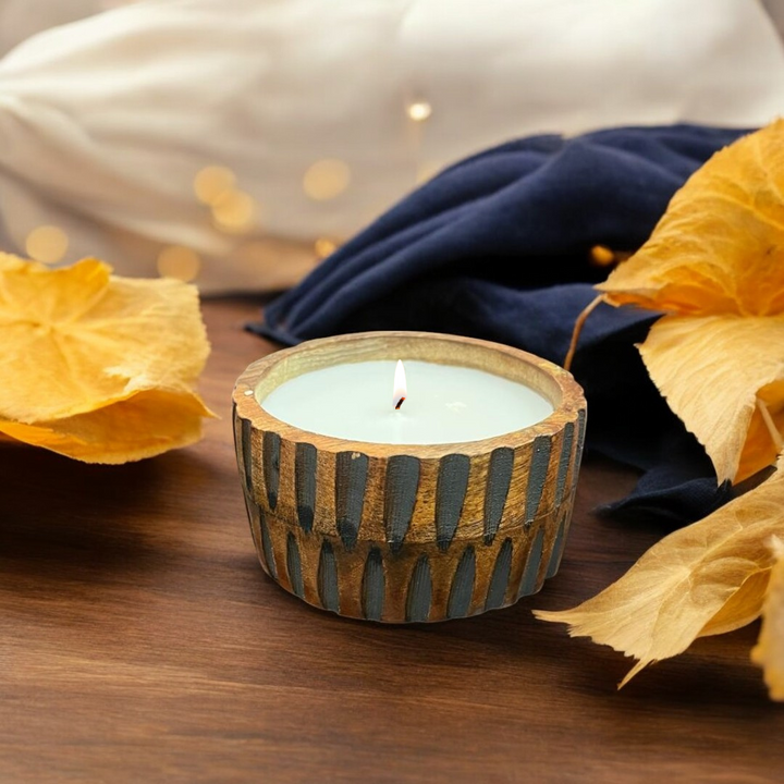 Scented Wooden Ribbed Edge Square Bowl Candle - Vanilla Fragrance