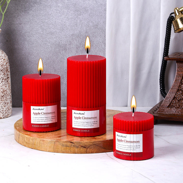 Ribbed Pillar Candle (Pack of 3) - Apple Cinnamon