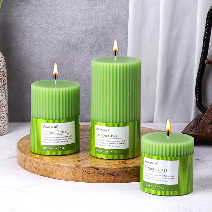 Ribbed Pillar Candle (Pack of 3) - Lemon Grass