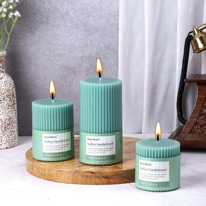 Ribbed Pillar Candle (Pack of 3) - Indian Sandalwood