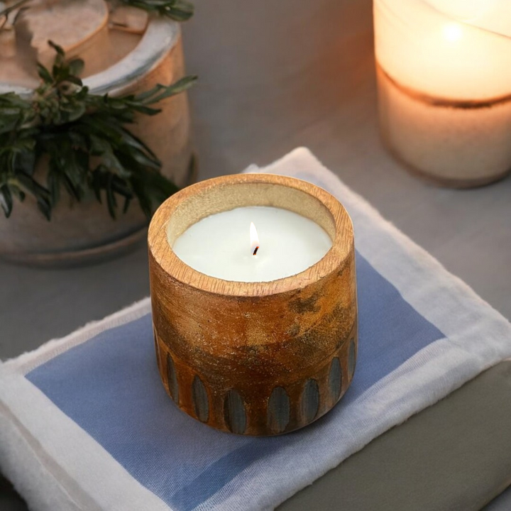 Scented Wooden Cylindrical Ribbed Candle - Vanilla Fragrance