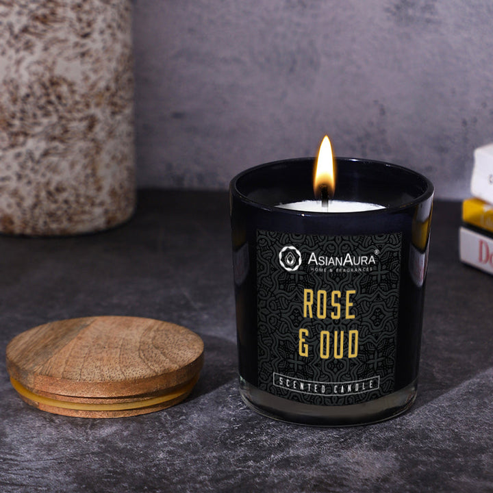 Black Jar Candle with Wooden Lid  - Rose & Oud