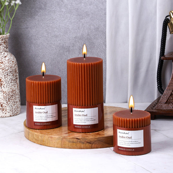 Ribbed Pillar Candle (Pack of 3) - Arabic Oud