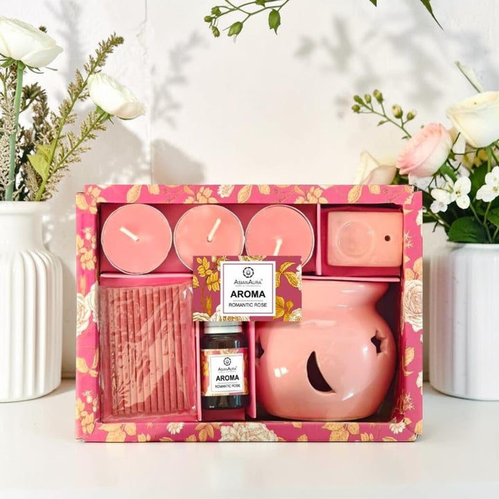 Asian Aura Aroma Gift Set- Ceramic Oil Diffuser, 10ml Aroma Oil, 3 Tealight Candles, Incense Sticks & Holder |for Home, Spa, Bedroom & Office | Diwali, Housewarming & Festive Gifts (Romantic Rose)