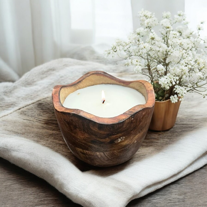 Scented Wooden Scalloped Bowl  Candle - Vanilla Fragrance