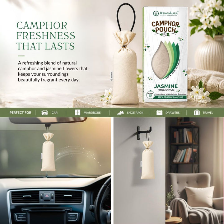 White Jasmine Camphor Air Freshener Pouch | Long-Lasting Camphor Fragrance for Car, Wardrobe, Office, Drawers, Travel Bag & Bathroom | Odour Control & Home Freshener | 1 Pouch