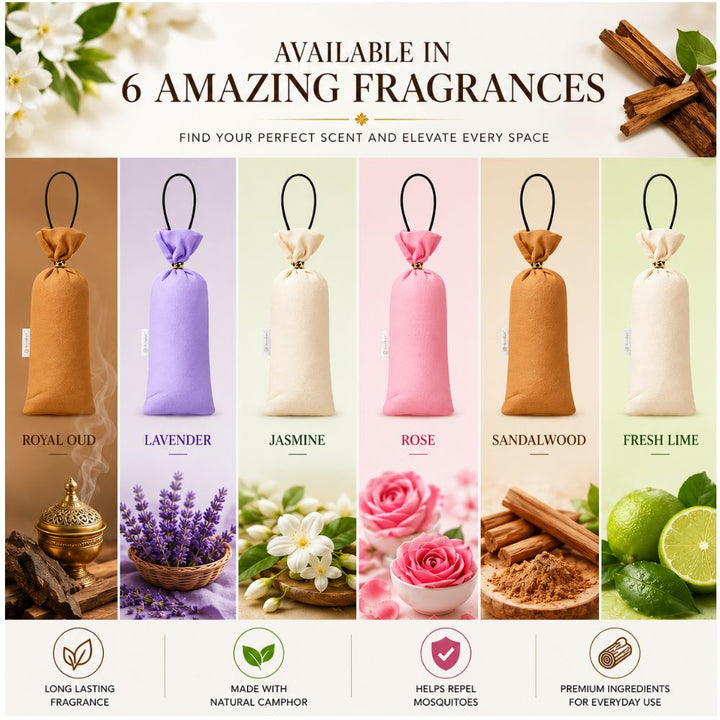 White Jasmine Camphor Air Freshener Pouch | Long-Lasting Camphor Fragrance for Car, Wardrobe, Office, Drawers, Travel Bag & Bathroom | Odour Control & Home Freshener | 1 Pouch