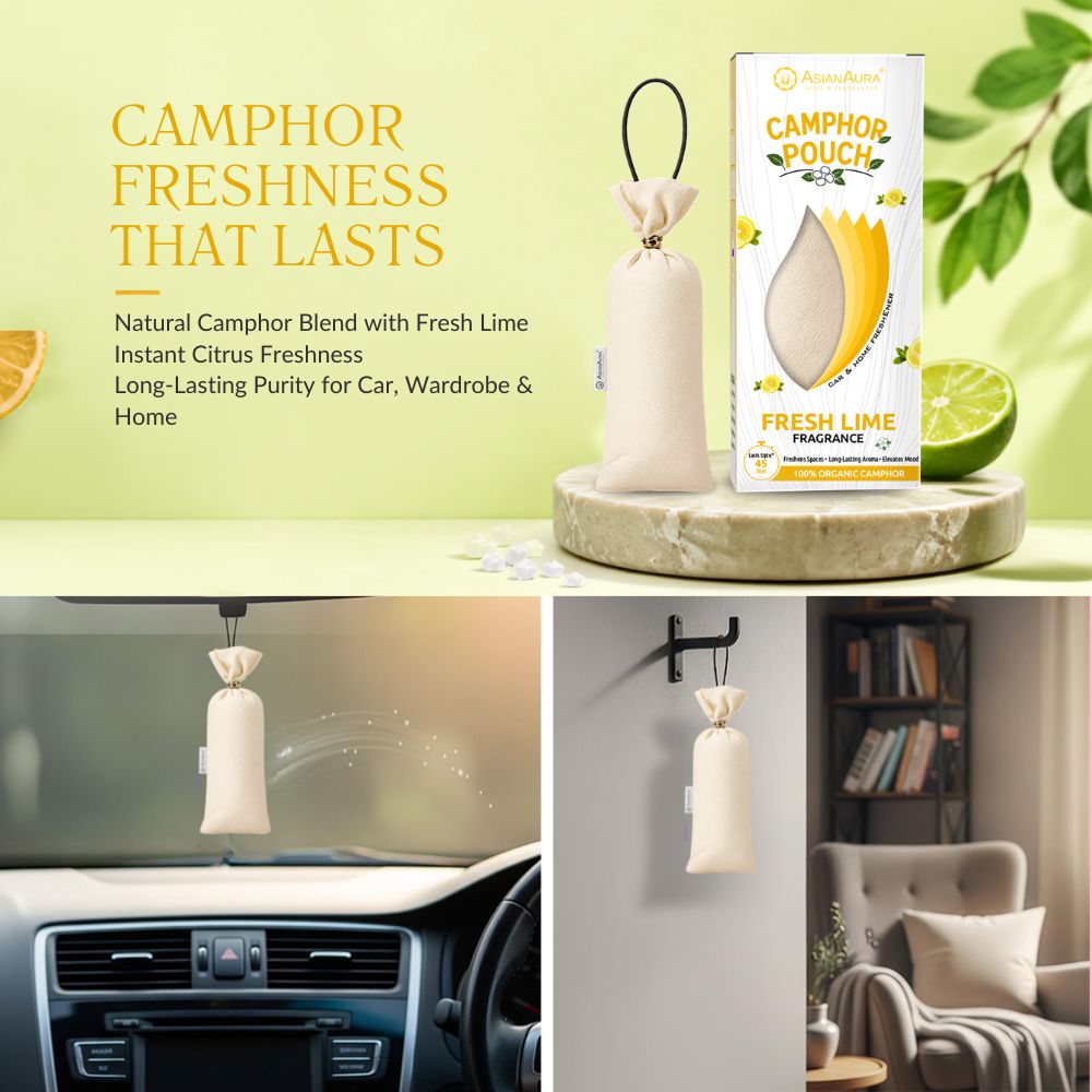 Lime Fresh Camphor Air Freshener Pouch | Long-Lasting Camphor Fragrance for Car, Wardrobe, Office, Drawers, Travel Bag & Bathroom | Odour Control & Home Freshener | 1 Pouch