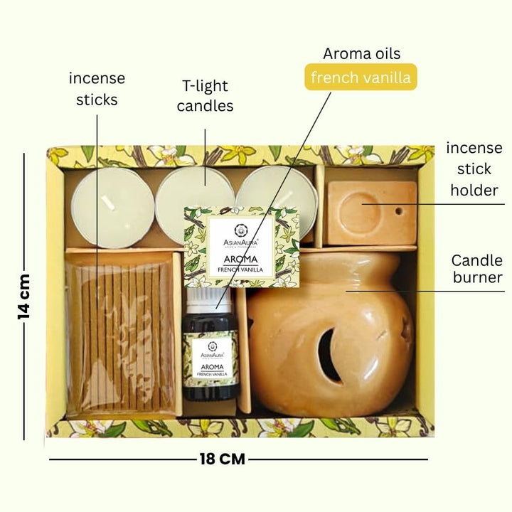 Asian Aura Aroma Gift Set- Ceramic Oil Diffuser, 10ml Aroma Oil, 3 Tealight Candles, Incense Sticks & Holder |for Home, Spa, Bedroom & Office | Diwali, Housewarming & Festive Gifts (French Vanilla)