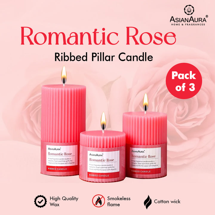 Ribbed Pillar Candle (Pack of 3) - Romantic Rose