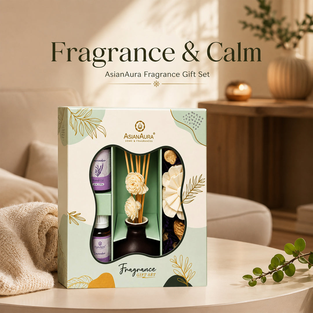 Asian Aura Lavender Reed Diffuser Gift Set with Ceramic Pot, Potpourri & Aroma Oil