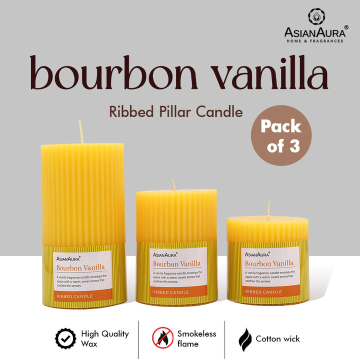 Ribbed Pillar Candle (Pack of 3) - Bourbon Vanilla