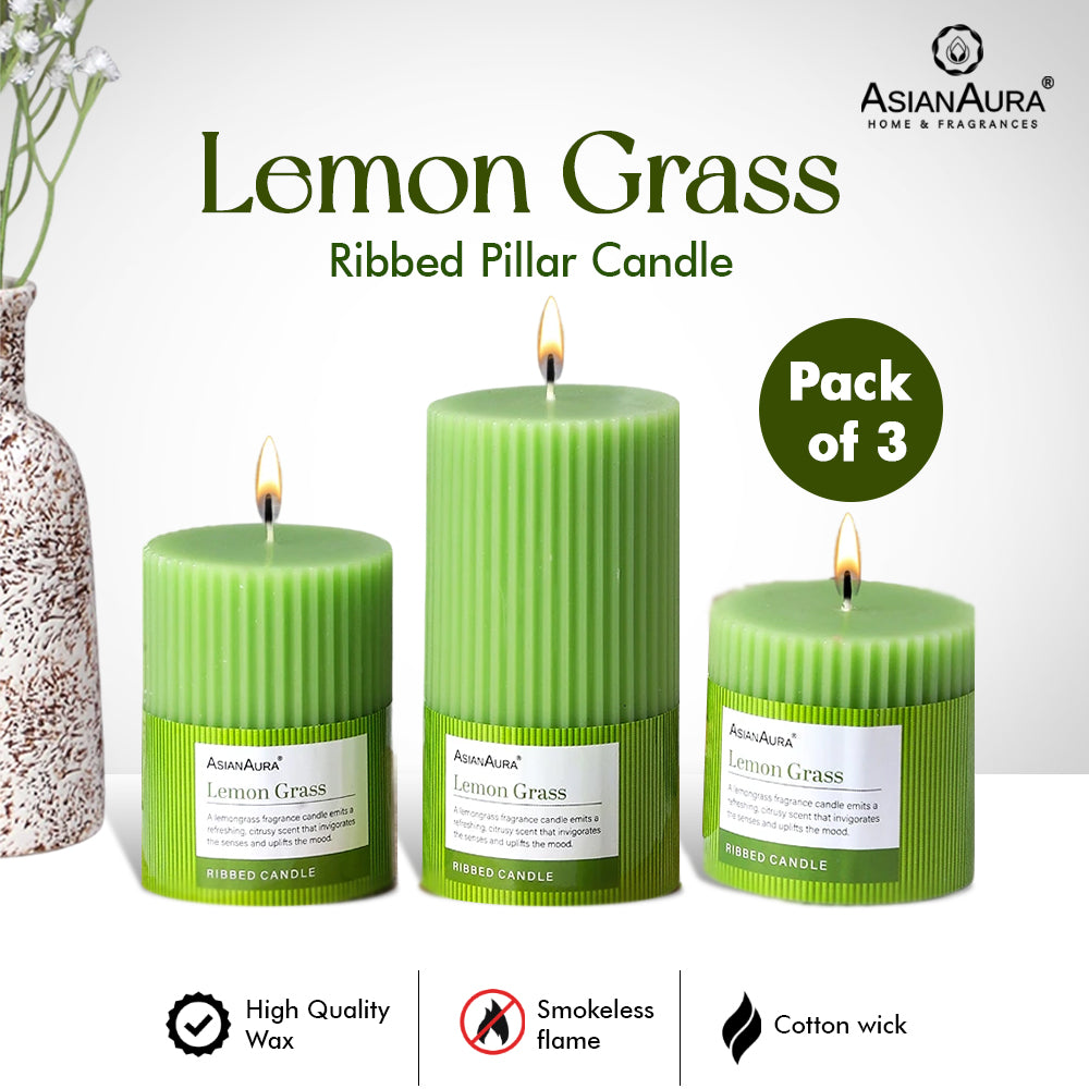 Ribbed Pillar Candle (Pack of 3) - Lemon Grass