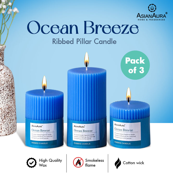 Ribbed Pillar Candle (Pack of 3) - Ocean Breeze