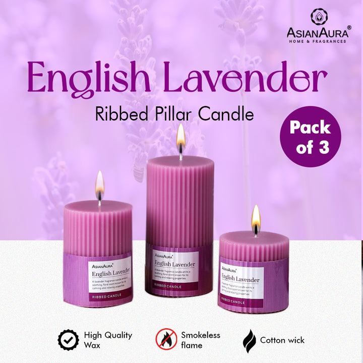 Ribbed Pillar Candle (Pack of 3) - English Lavender