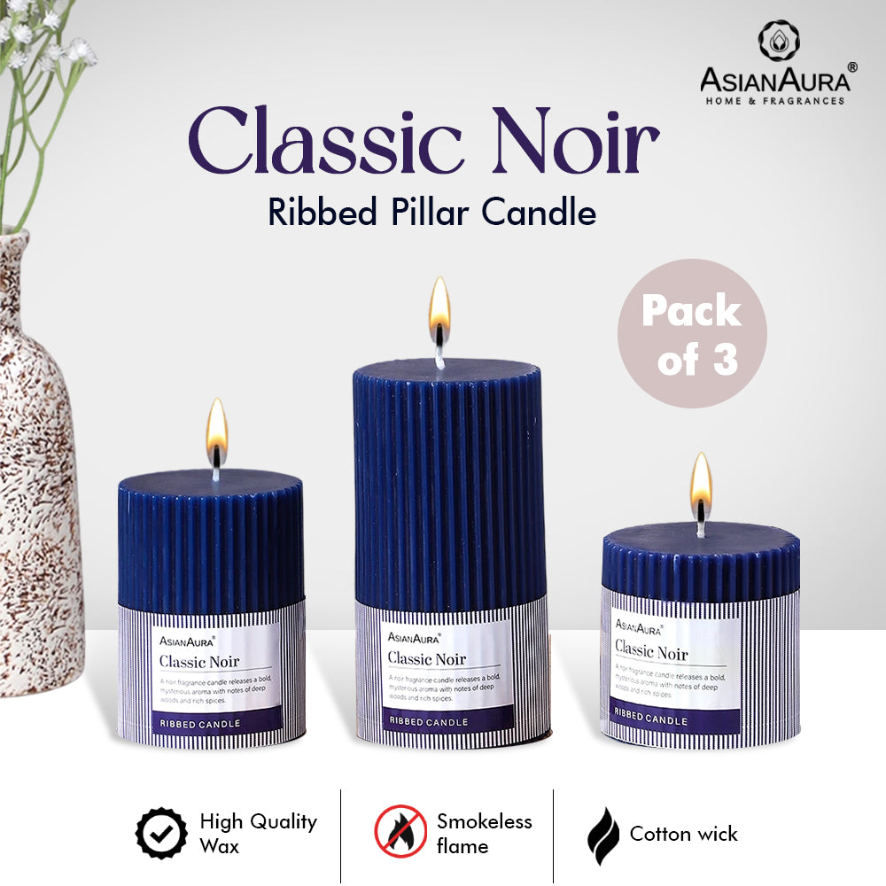 Ribbed Pillar Candle (Pack of 3) - Classic Noir