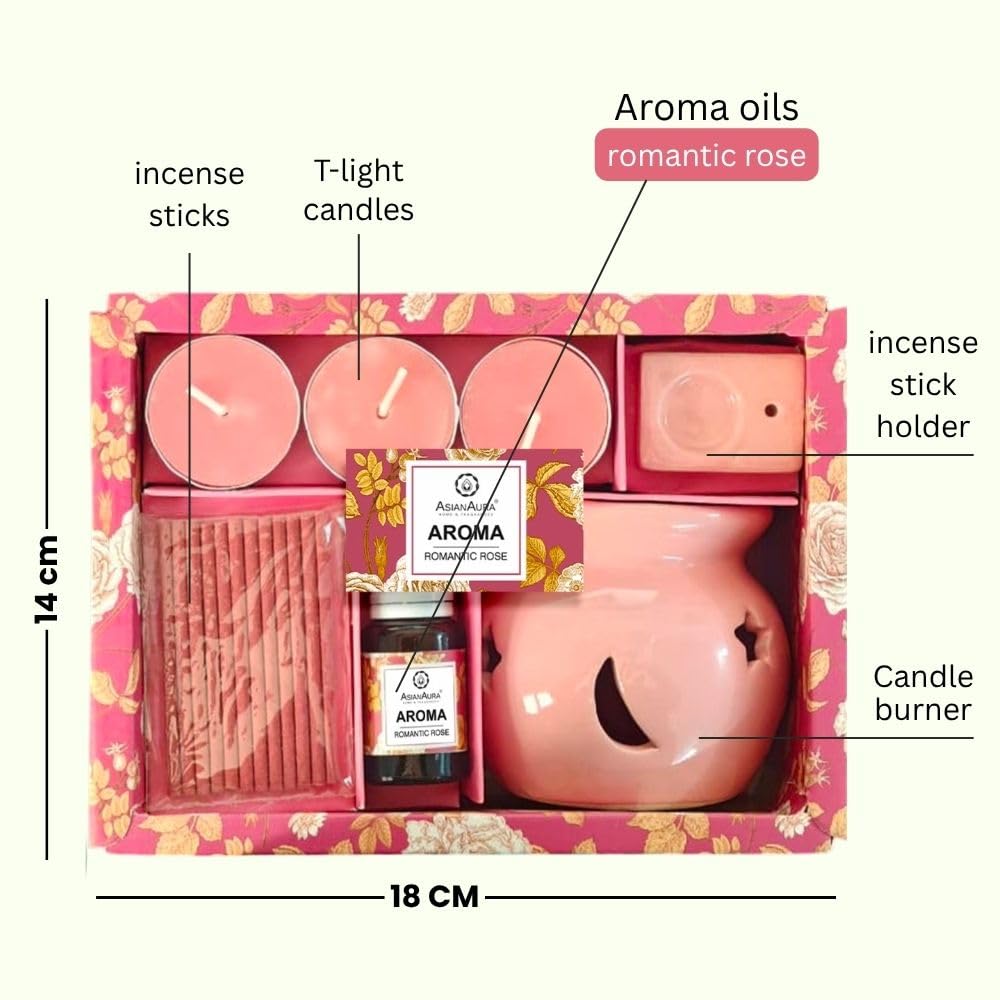 Asian Aura Aroma Gift Set- Ceramic Oil Diffuser, 10ml Aroma Oil, 3 Tealight Candles, Incense Sticks & Holder |for Home, Spa, Bedroom & Office | Diwali, Housewarming & Festive Gifts (Romantic Rose)