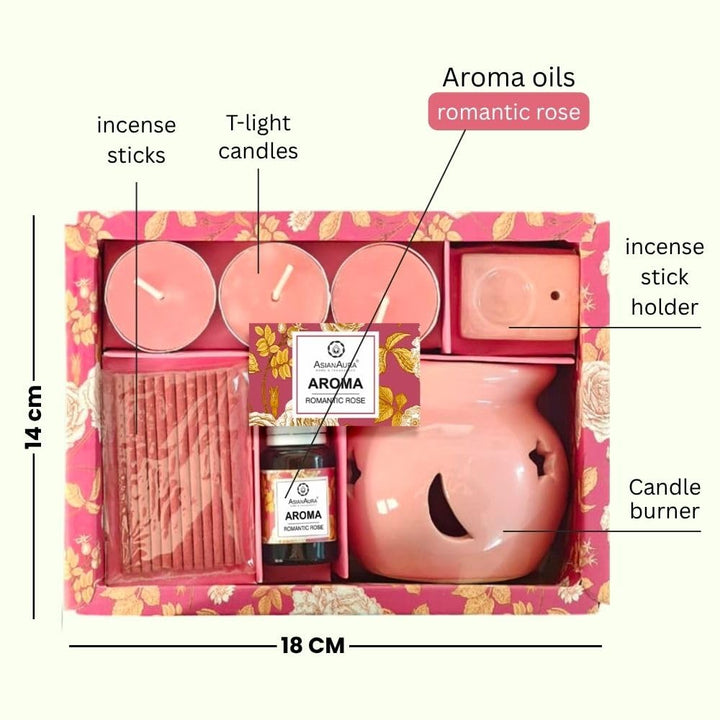 Asian Aura Aroma Gift Set- Ceramic Oil Diffuser, 10ml Aroma Oil, 3 Tealight Candles, Incense Sticks & Holder |for Home, Spa, Bedroom & Office | Diwali, Housewarming & Festive Gifts (Romantic Rose)