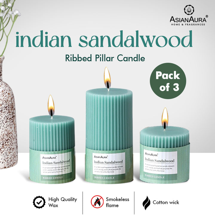 Ribbed Pillar Candle (Pack of 3) - Indian Sandalwood