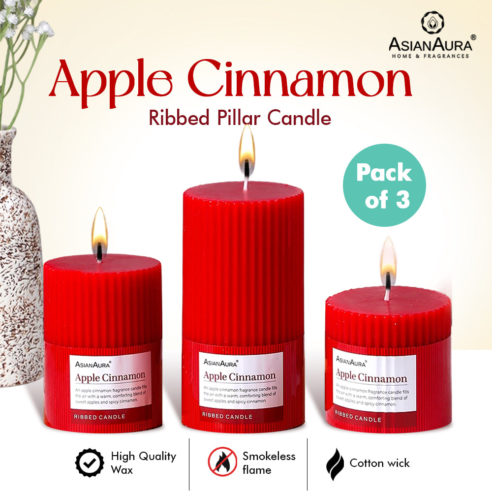 Ribbed Pillar Candle (Pack of 3) - Apple Cinnamon