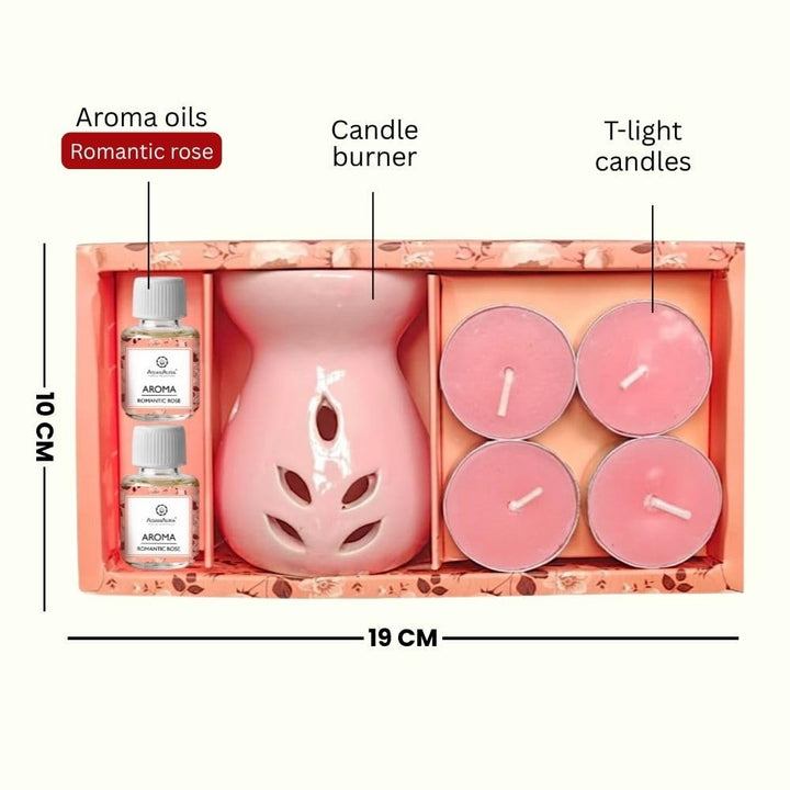Asian Aura Aroma Gift Set with Ceramic Oil Diffuser, 2 Aroma Oils & 4 T-Light Candles | Aromatherapy Home Fragrance for Spa, Bedroom & Office | Diwali & Occasion Gifts (Romantic Rose)