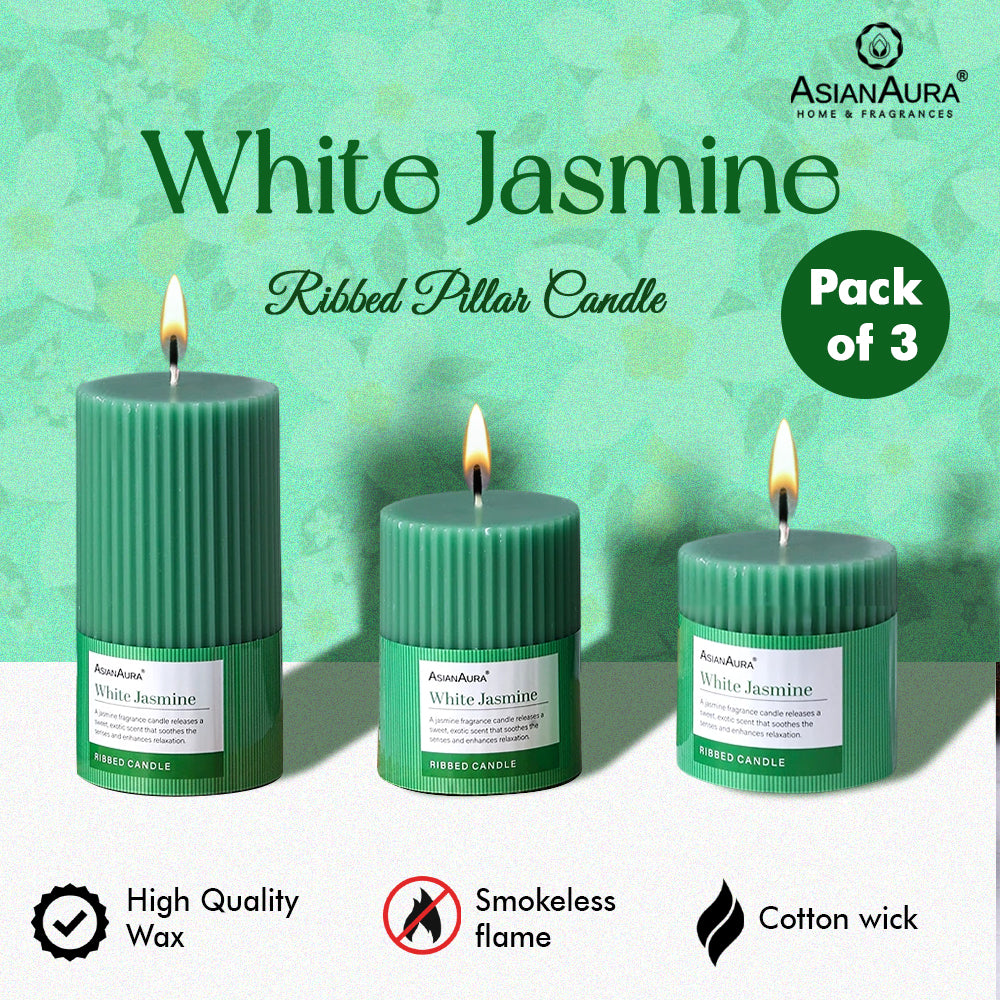 Ribbed Pillar Candle (Pack of 3) - White Jasmine