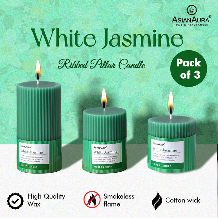 Ribbed Pillar Candle (Pack of 3) - White Jasmine