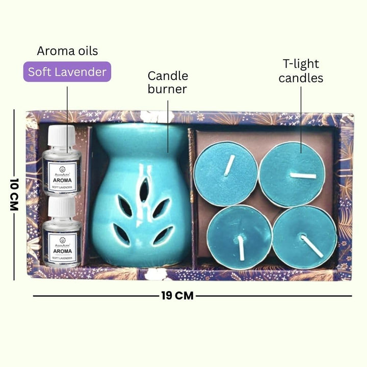 Asian Aura Aroma Gift Set with Ceramic Oil Diffuser, 2 Aroma Oils & 4 T-Light Candles | Aromatherapy Home Fragrance for Spa, Bedroom & Office | Diwali & Occasion Gifts (Soft Lavender)