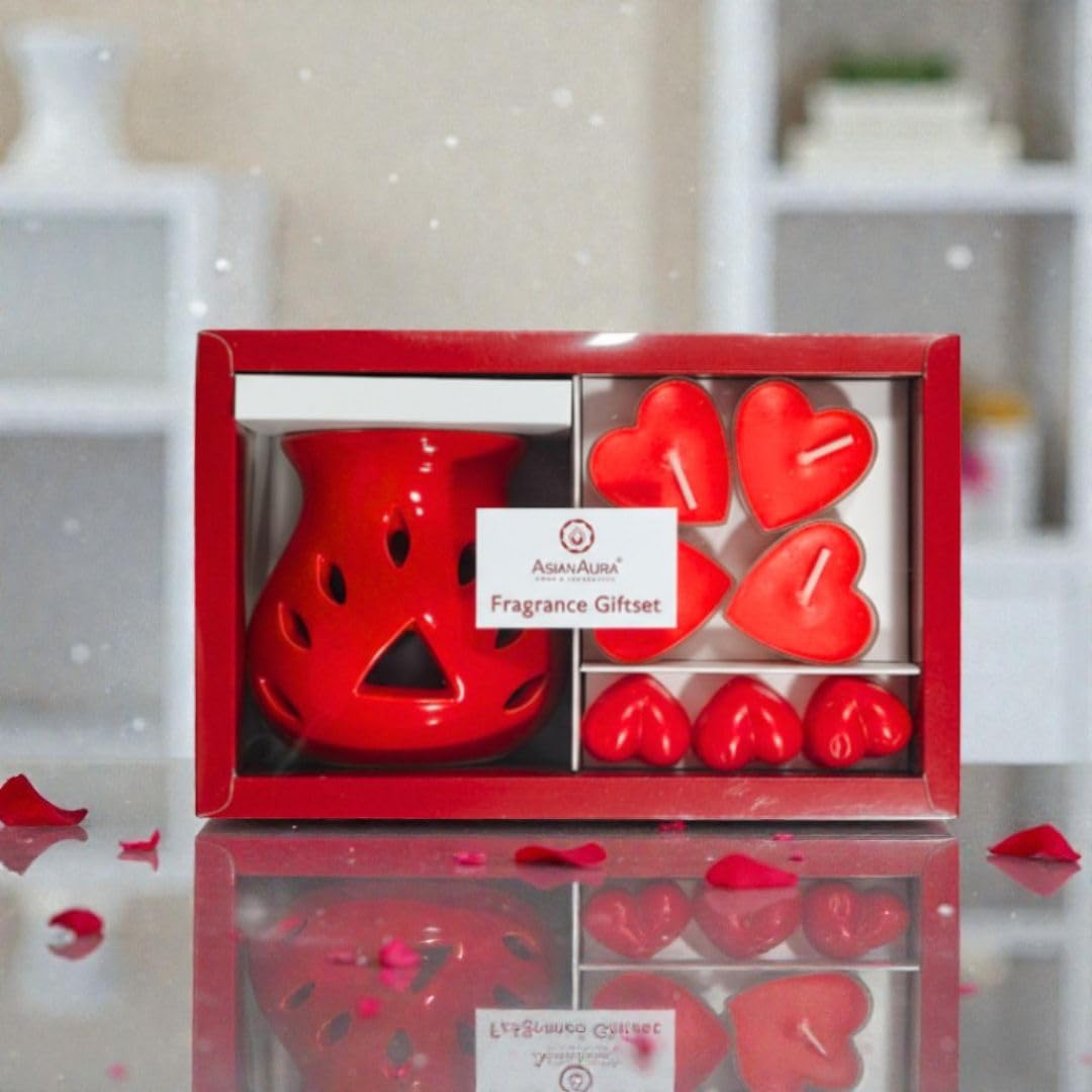 Asian Aura Fragrance Gift Set, Red Ceramic Oil Burner with Heart Shaped Candles, Valentine Theme, Oil Diffuser, Home Aromatherapy Decor