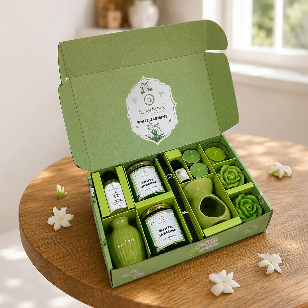 Asian Aura Aroma Gift Set with Oil Burner, Reed Diffuser, Jar Candles & Floater Candles