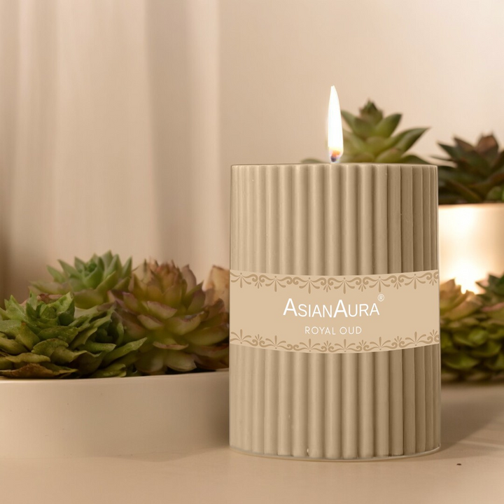 Royal Oud Ribbed Pillar Candle