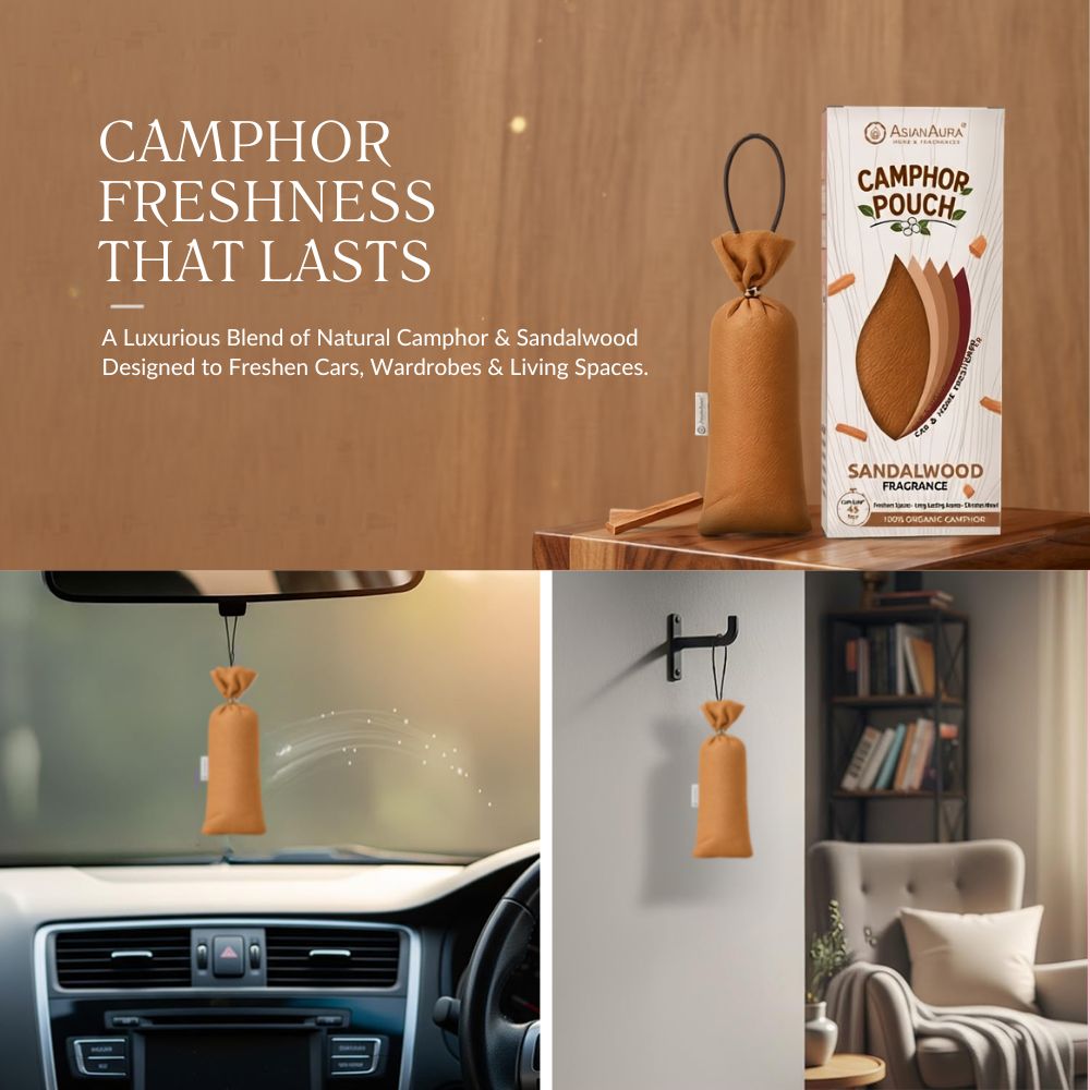 Sandalwood Camphor Air Freshener Pouch | Long-Lasting Camphor Fragrance for Car, Wardrobe, Office, Drawers, Travel Bag & Bathroom | Odour Control & Home Freshener | 1 Pouch