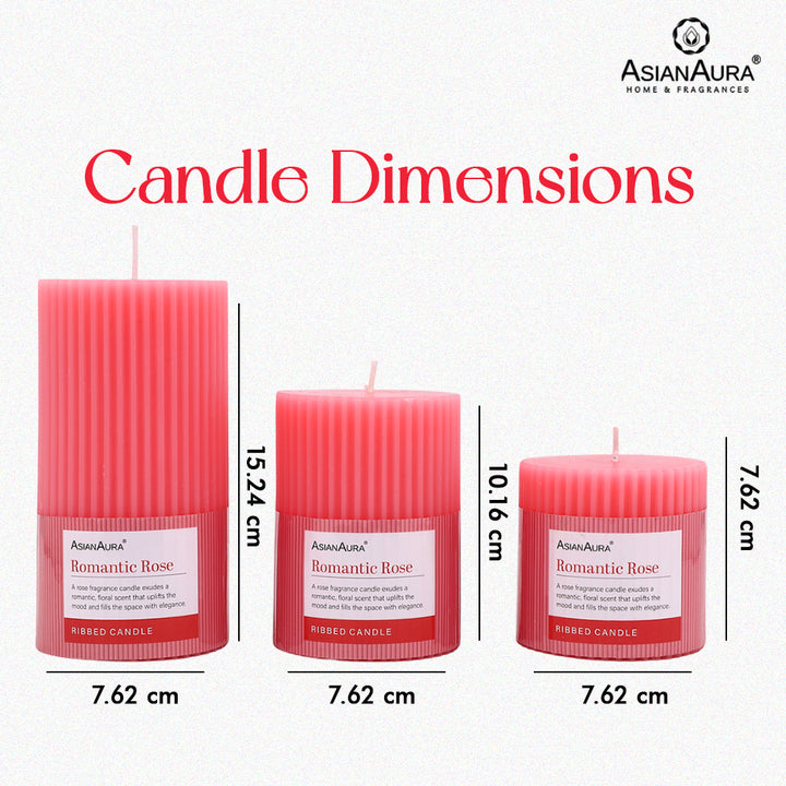 Ribbed Pillar Candle (Pack of 3) - Romantic Rose