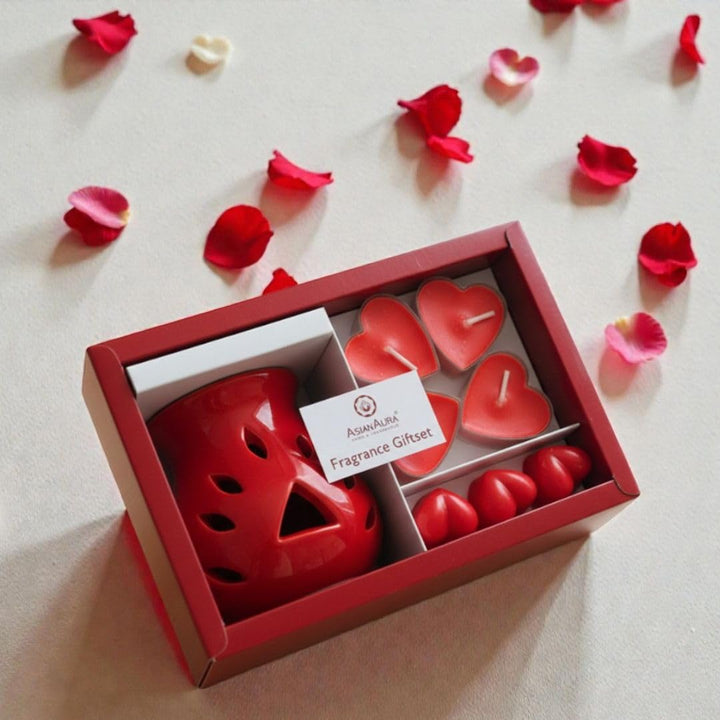 Asian Aura Fragrance Gift Set, Red Ceramic Oil Burner with Heart Shaped Candles, Valentine Theme, Oil Diffuser, Home Aromatherapy Decor
