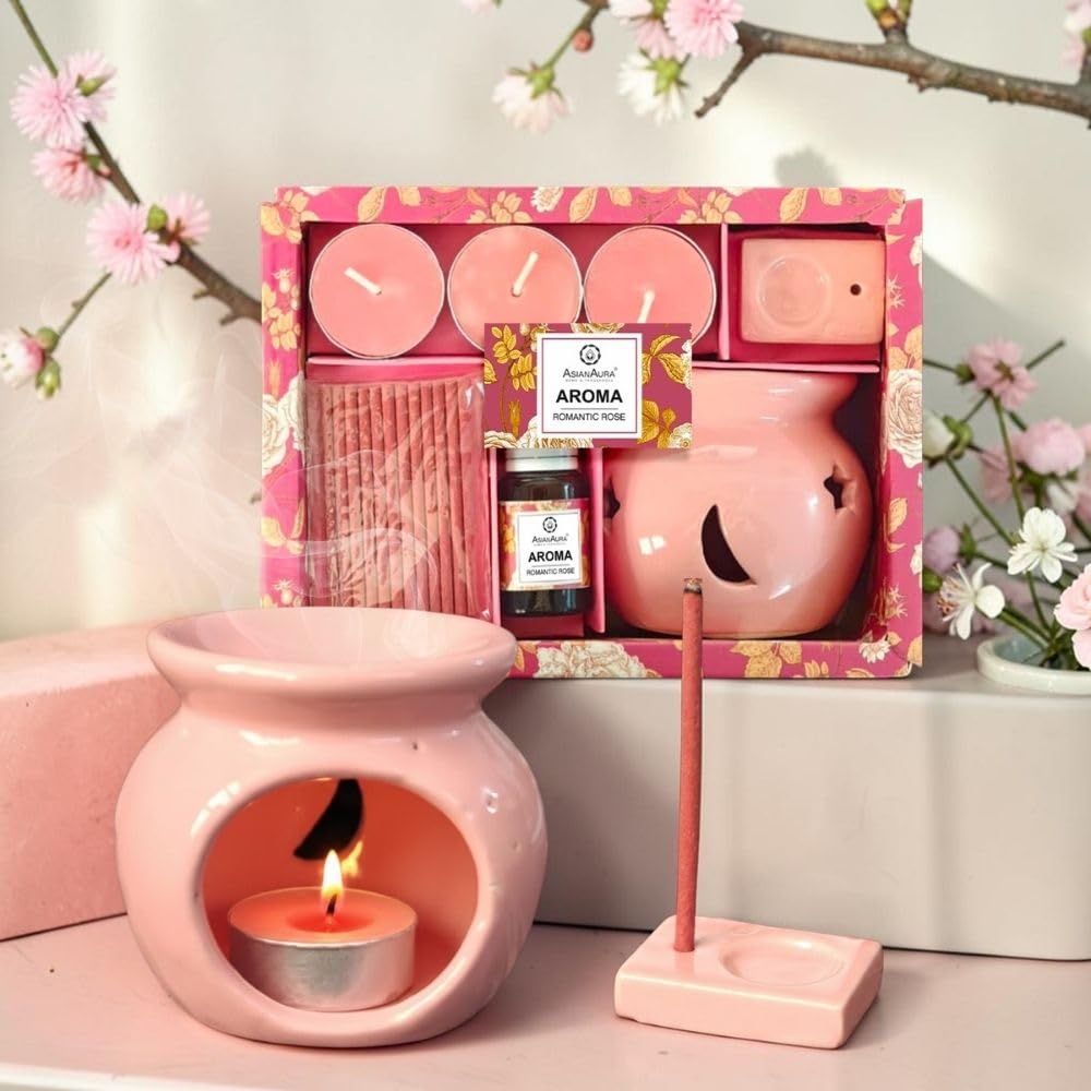 Asian Aura Aroma Gift Set- Ceramic Oil Diffuser, 10ml Aroma Oil, 3 Tealight Candles, Incense Sticks & Holder |for Home, Spa, Bedroom & Office | Diwali, Housewarming & Festive Gifts (Romantic Rose)