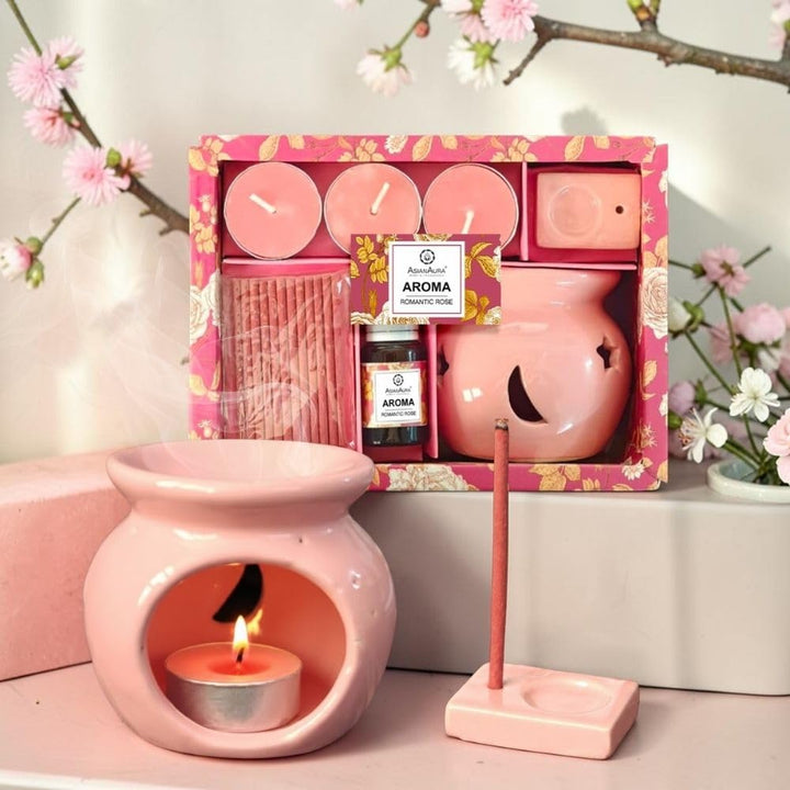 Asian Aura Aroma Gift Set- Ceramic Oil Diffuser, 10ml Aroma Oil, 3 Tealight Candles, Incense Sticks & Holder |for Home, Spa, Bedroom & Office | Diwali, Housewarming & Festive Gifts (Romantic Rose)