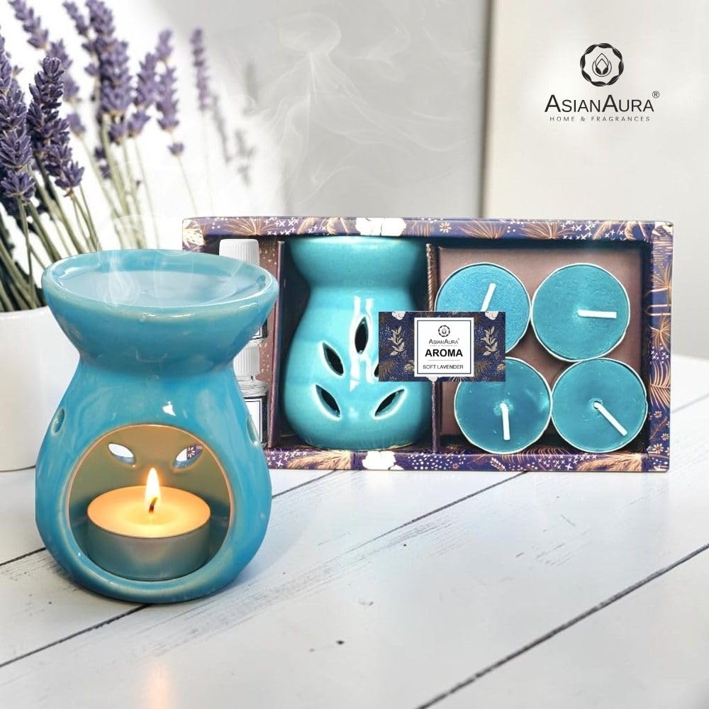 Asian Aura Aroma Gift Set with Ceramic Oil Diffuser, 2 Aroma Oils & 4 T-Light Candles | Aromatherapy Home Fragrance for Spa, Bedroom & Office | Diwali & Occasion Gifts (Soft Lavender)