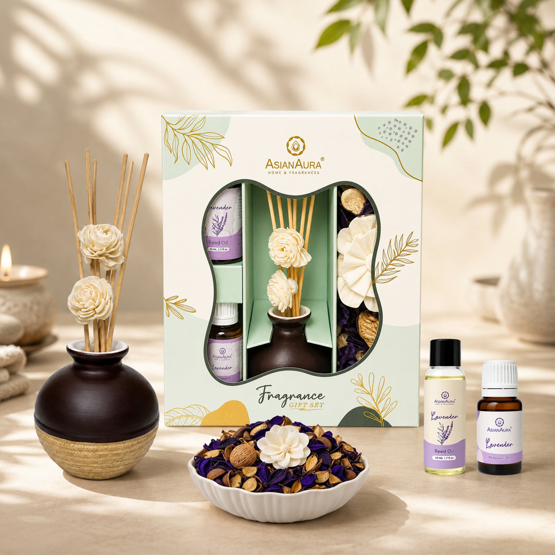 Asian Aura Lavender Reed Diffuser Gift Set with Ceramic Pot, Potpourri & Aroma Oil