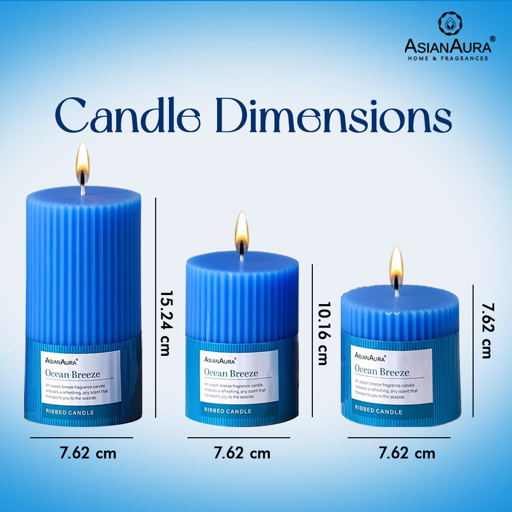 Ribbed Pillar Candle (Pack of 3) - Ocean Breeze