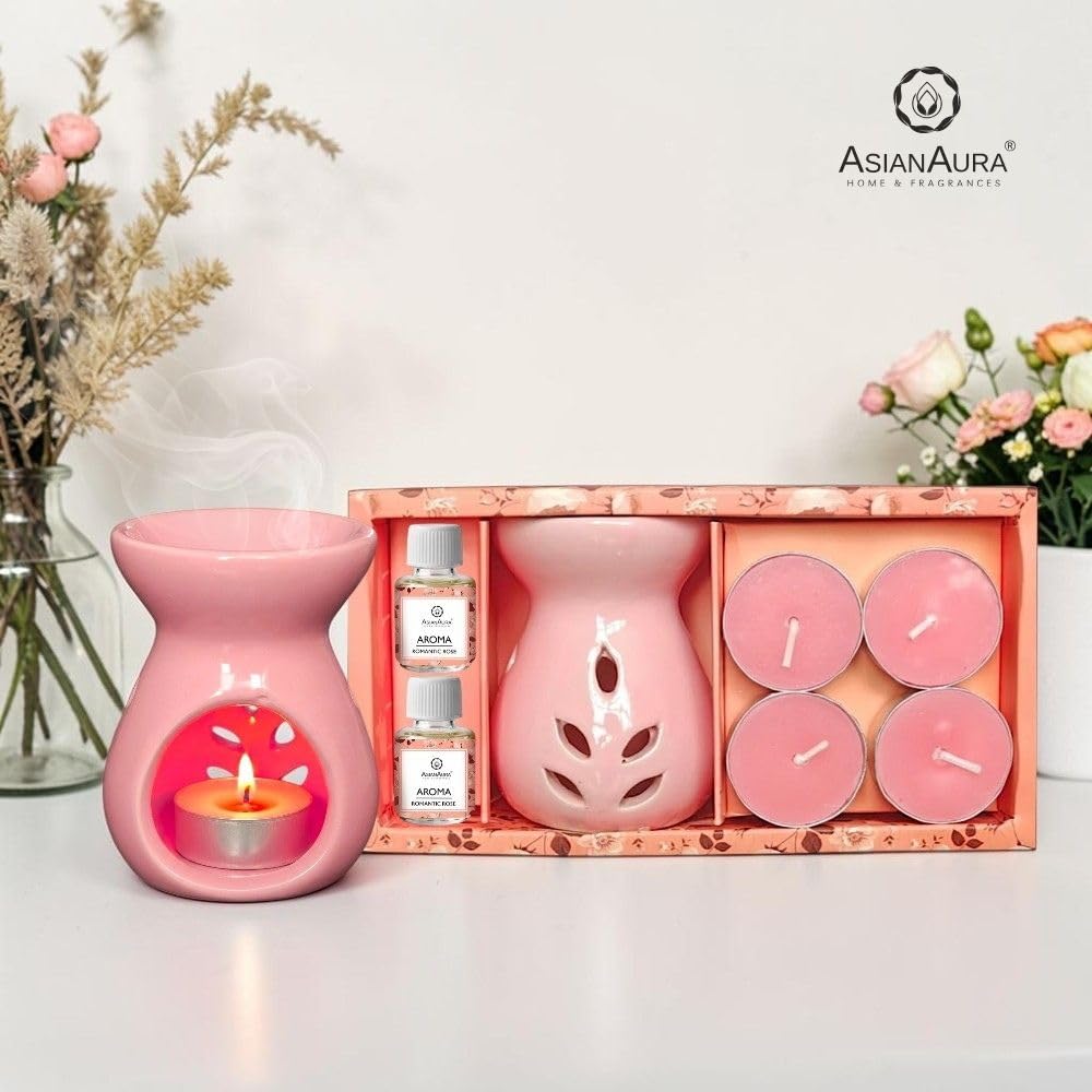 Asian Aura Aroma Gift Set with Ceramic Oil Diffuser, 2 Aroma Oils & 4 T-Light Candles | Aromatherapy Home Fragrance for Spa, Bedroom & Office | Diwali & Occasion Gifts (Romantic Rose)