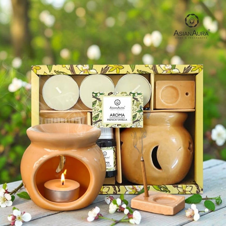 Asian Aura Aroma Gift Set- Ceramic Oil Diffuser, 10ml Aroma Oil, 3 Tealight Candles, Incense Sticks & Holder |for Home, Spa, Bedroom & Office | Diwali, Housewarming & Festive Gifts (French Vanilla)