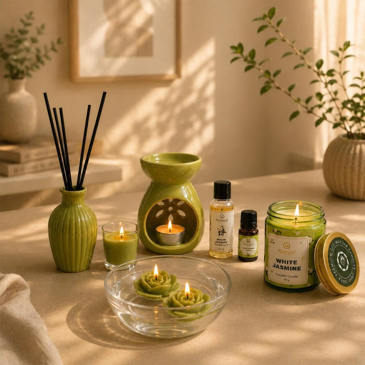Asian Aura Aroma Gift Set with Oil Burner, Reed Diffuser, Jar Candles & Floater Candles