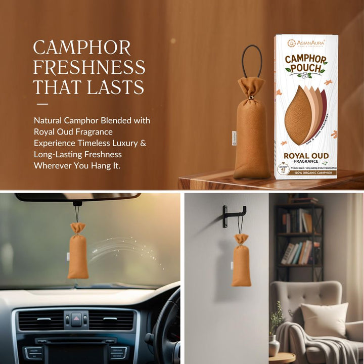 Royal Oud Camphor Air Freshener Pouch | Long-Lasting Camphor Fragrance for Car, Wardrobe, Office, Drawers, Travel Bag & Bathroom | Odour Control & Home Freshener | 1 Pouch