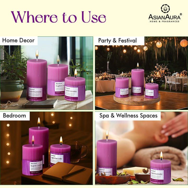 Ribbed Pillar Candle (Pack of 3) - English Lavender