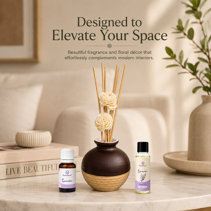 Asian Aura Lavender Reed Diffuser Gift Set with Ceramic Pot, Potpourri & Aroma Oil